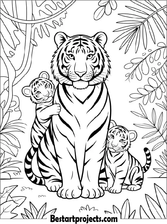 Mother Tiger with Two Cubs in Jungle