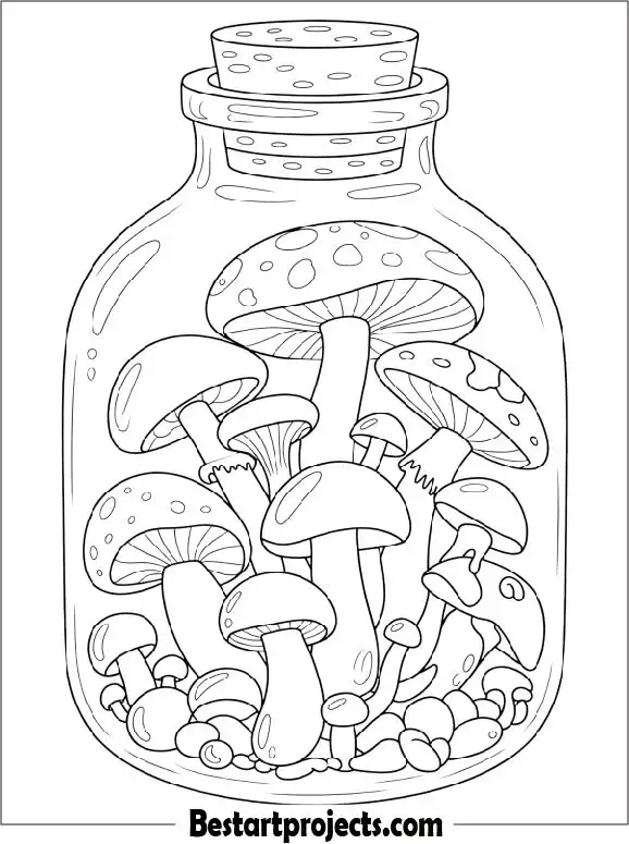 Mushrooms in a Jar Coloring Page
