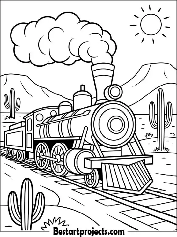 Old Western Steam Train in the Desert Coloring Page