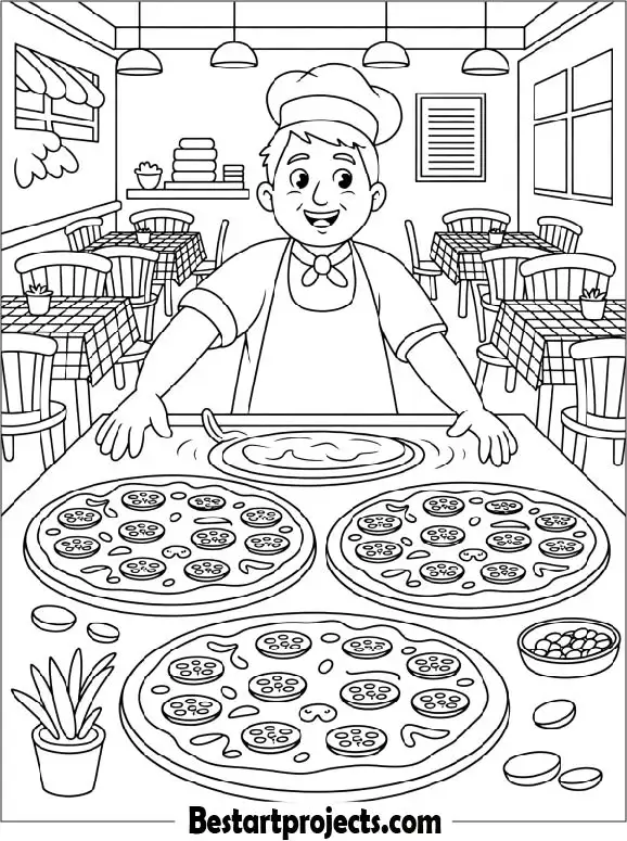 Pizza Restaurant Scene Coloring Page