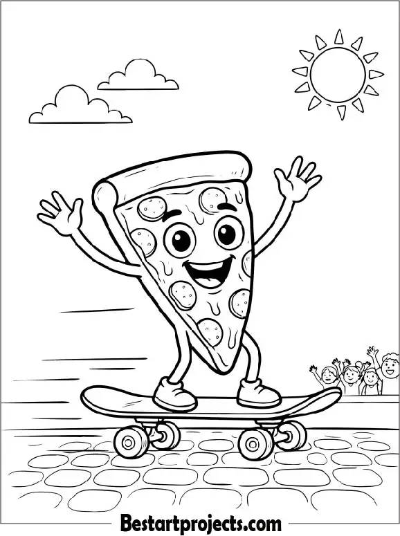 Pizza Slice Riding a Skateboard Coloring Page