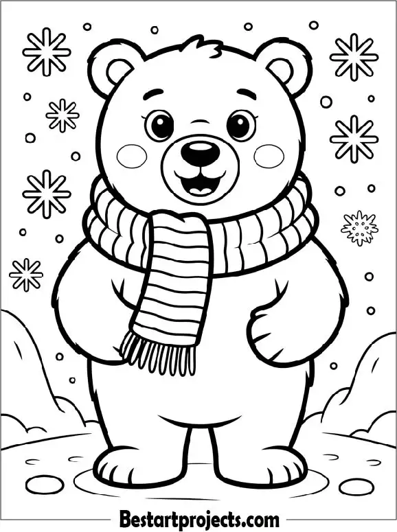 Polar Bear Wearing Scarf In Winter Coloring Sheet