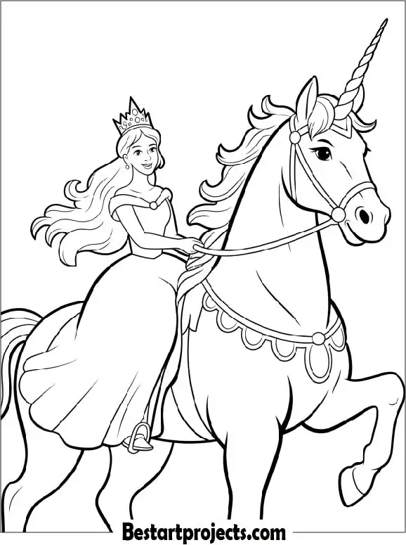 Princess Riding a Unicorn Coloring Page