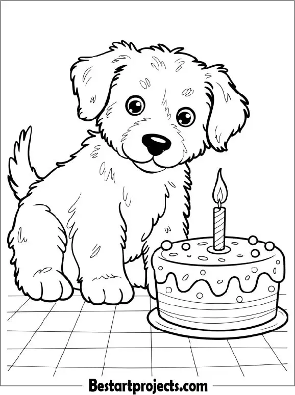 Puppy Sitting Beside a Cake Coloring Page