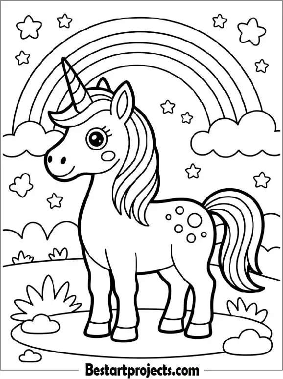 Rainbow Unicorn Coloring Page For Kids