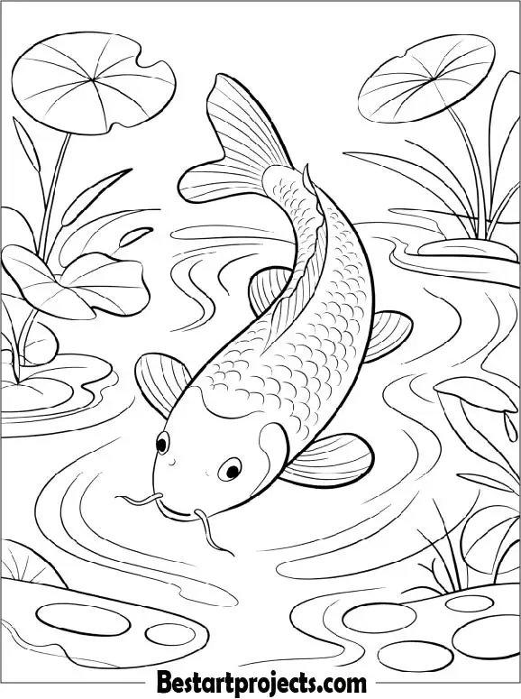 Realistic Koi Fish in a Pond Coloring Sheet