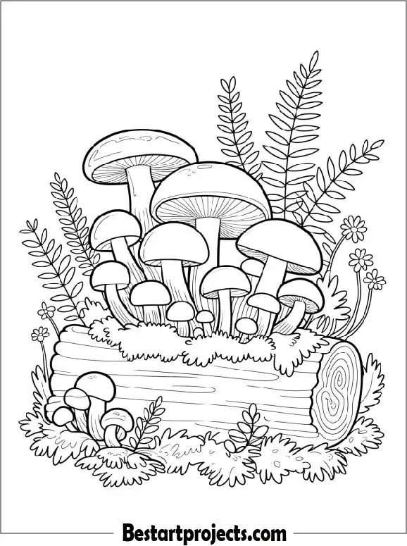 Realistic Mushrooms on a Log Coloring Sheet for Adults