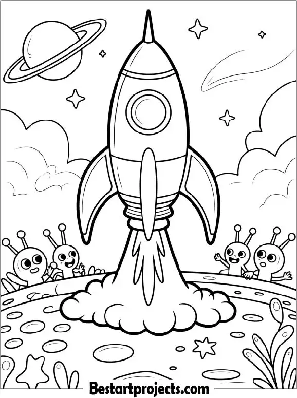 Rocket Landing on an Alien Planet Coloring Page