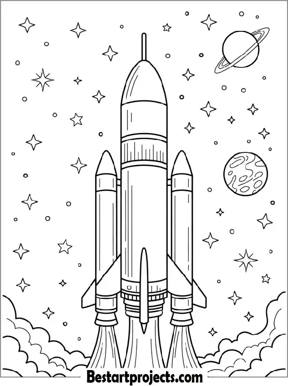 Rocket Surrounded by Twinkling Stars Coloring Sheet