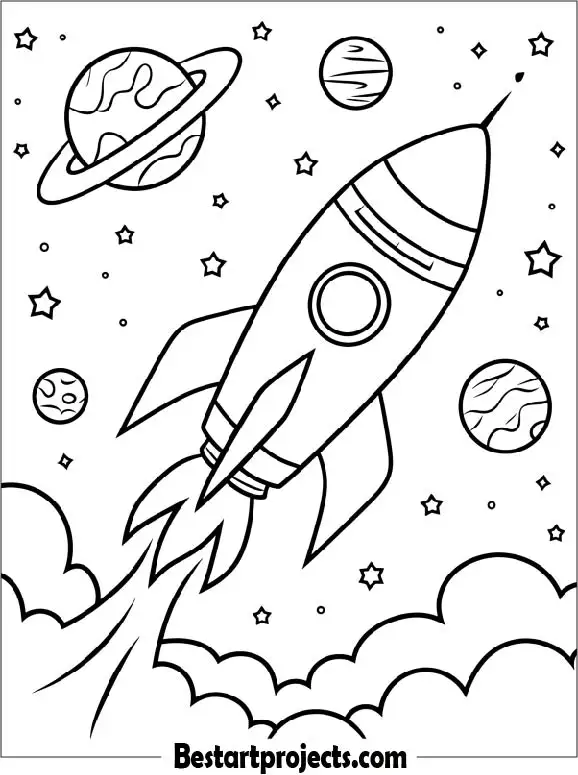 Rocket with Planets and Stars Coloring Page