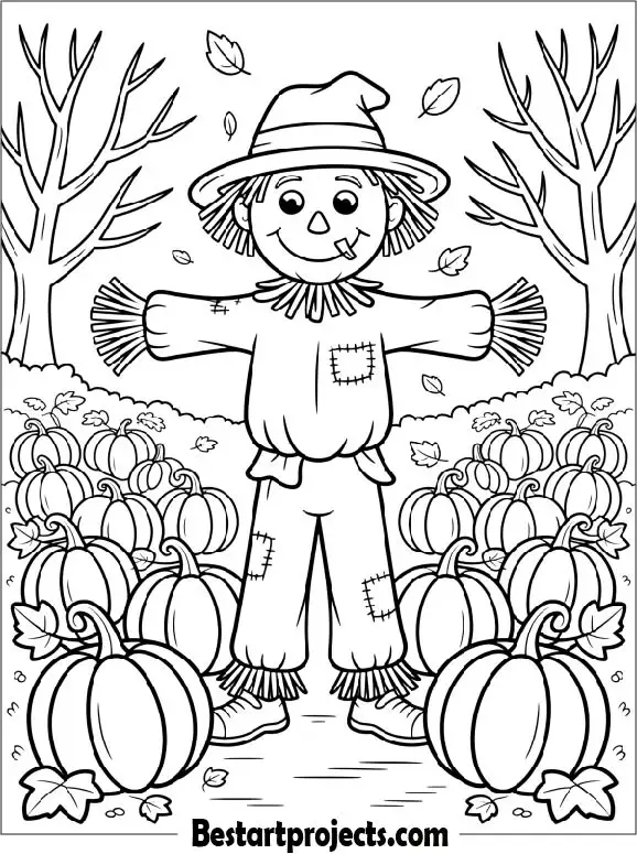 Scarecrow Standing in a Pumpkin Field Fall Coloring Page