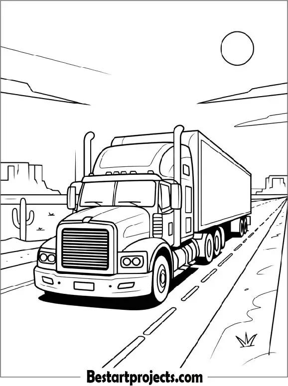 Semi Truck on a Desert Road Coloring Sheet