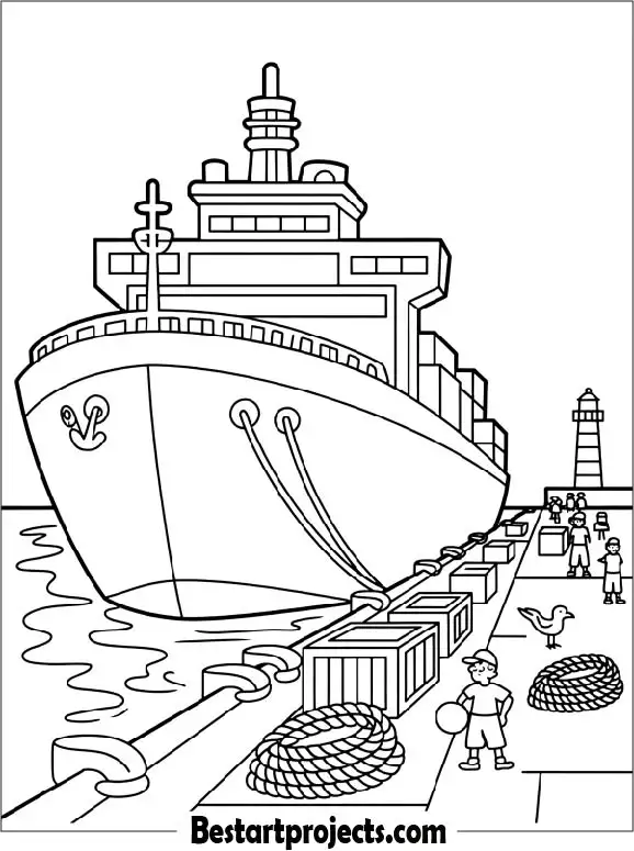 Ship Docked at a Busy Harbor Coloring Page