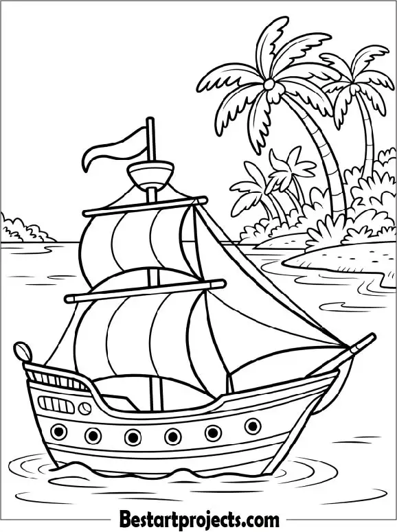 Ship Exploring a Tropical Island Coloring Page