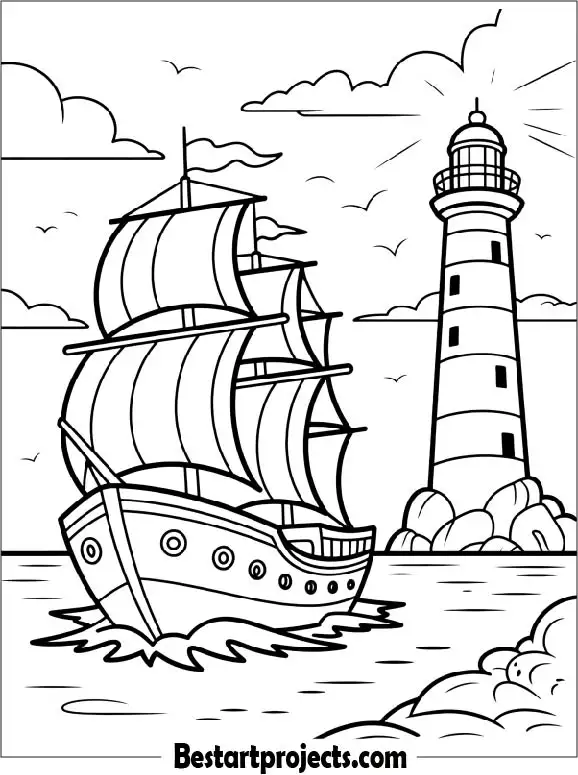 Ship Passing a Lighthouse Coloring Page