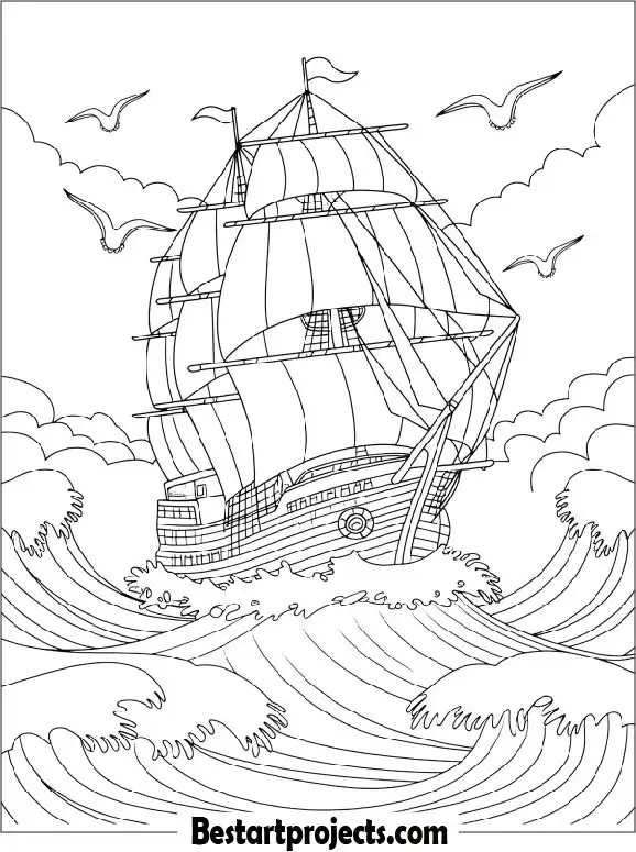Ship Sailing Through Big Ocean Waves Coloring Page
