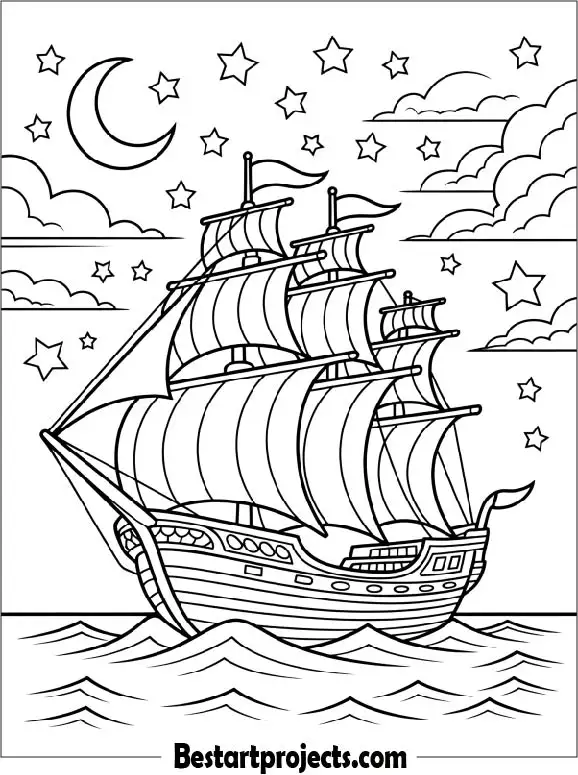 Ship Under a Starry Night Sky Coloring Page