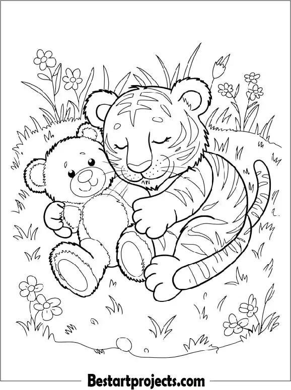 Sleeping Cartoon Tiger with a Teddy Bear