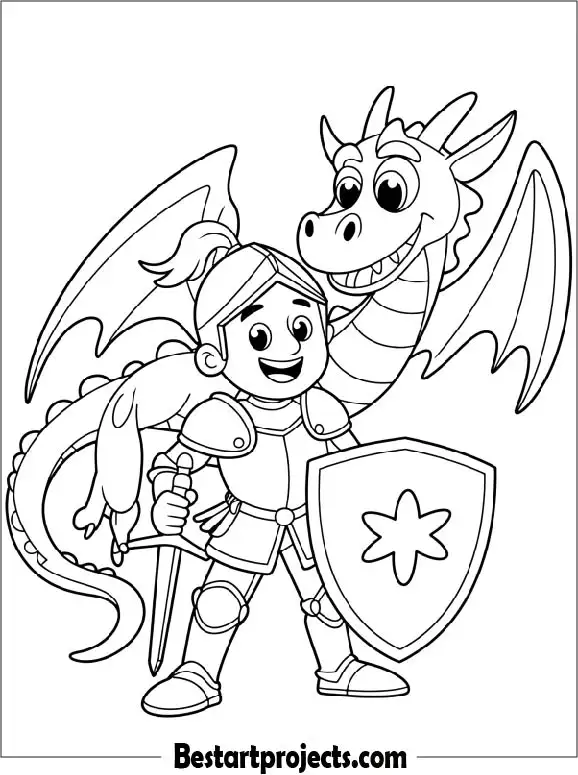 Smiling Knight and a Friendly Dragon Coloring Page