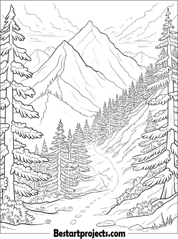 Snowy Mountain Landscape Free Coloring Page