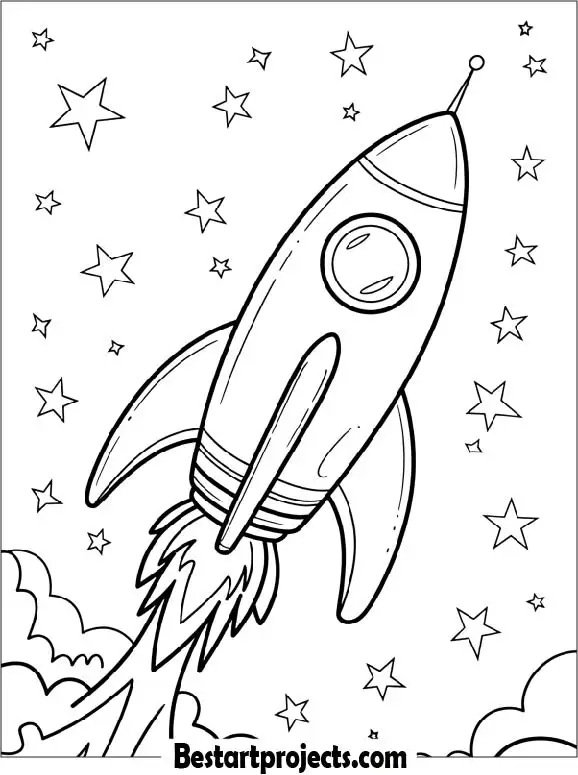 Space Rocket Flying Through the Stars Coloring Page