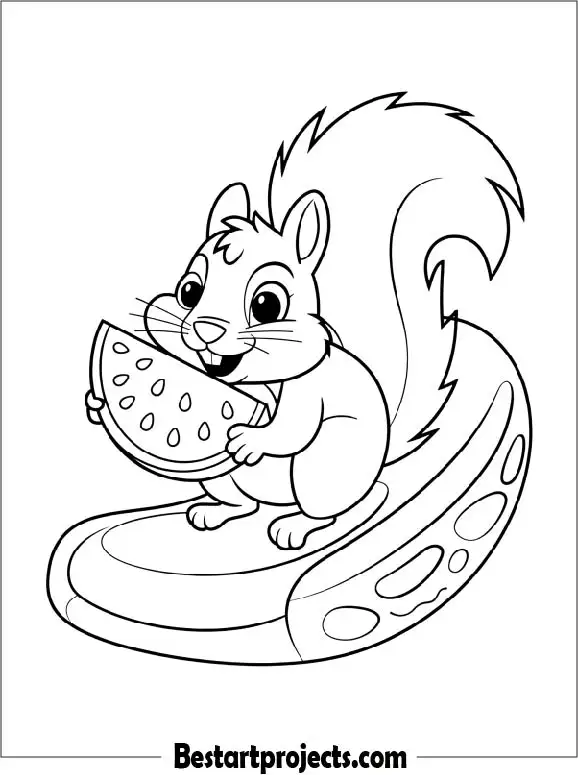 Squirrel Enjoying a Watermelon Slice Coloring Page for Kids