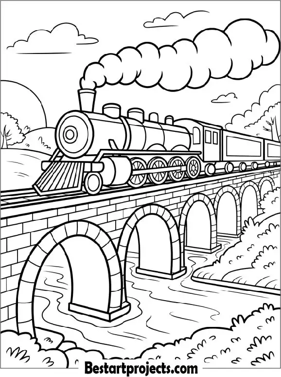 Steam Train Crossing a Stone Bridge Coloring Page