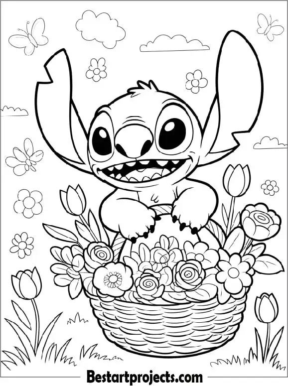 Stitch Carrying A Basket Of Flowers In Spring Coloring Page