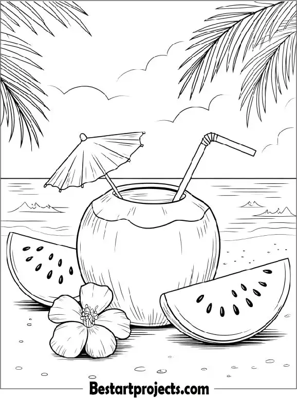 Summer Coconut Drink With a Flower Coloring Sheet