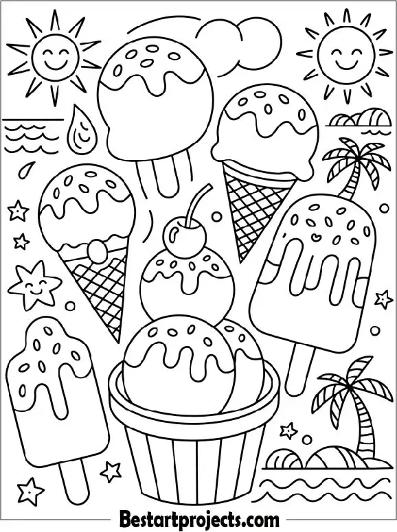 Summer Themed Ice Cream Coloring Page
