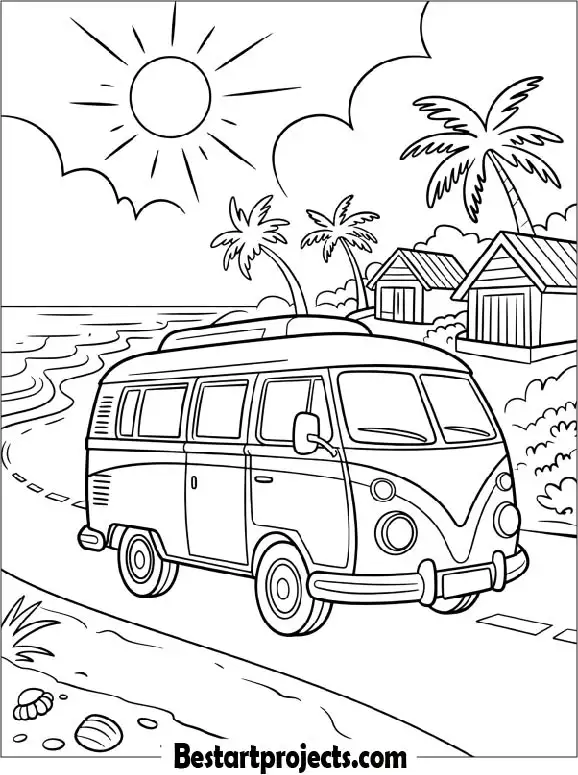Summer Trip with a Van Coloring Page