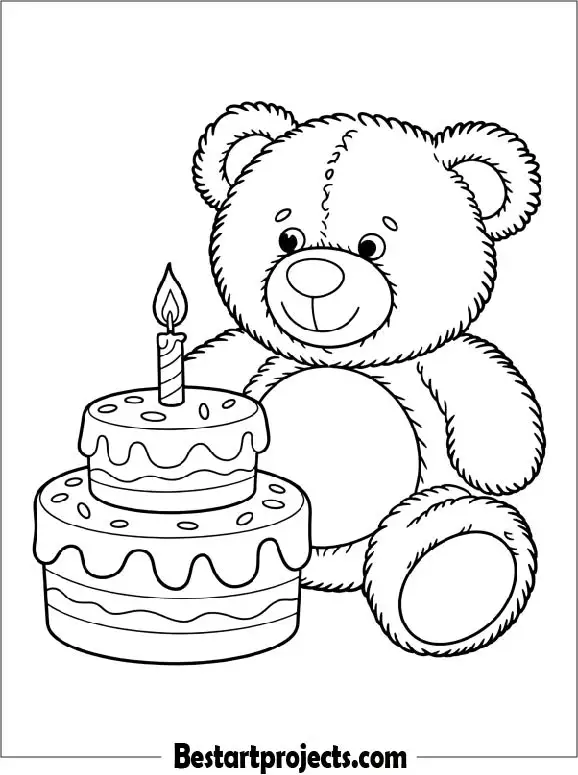 Teddy Bear Sitting Next to a Birthday Cake