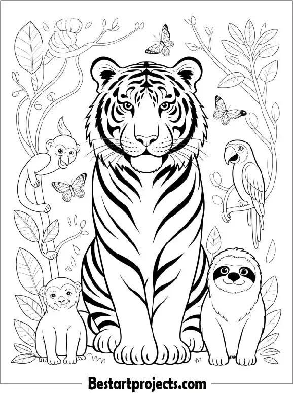 Tiger and Jungle Animal Friends Coloring Page