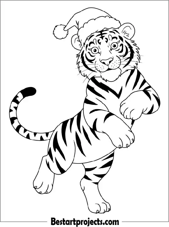 Tiger with a Santa Hat Coloring Page