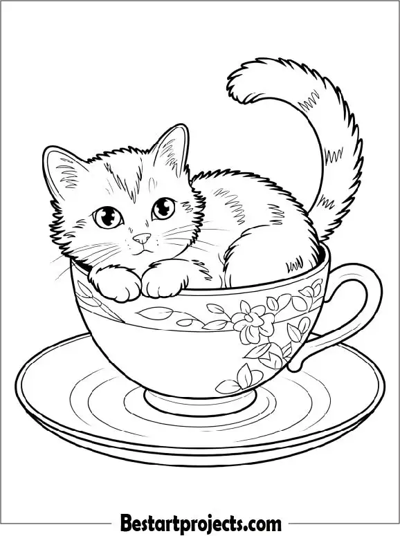 Tiny Cat Inside a Teacup Coloring Page