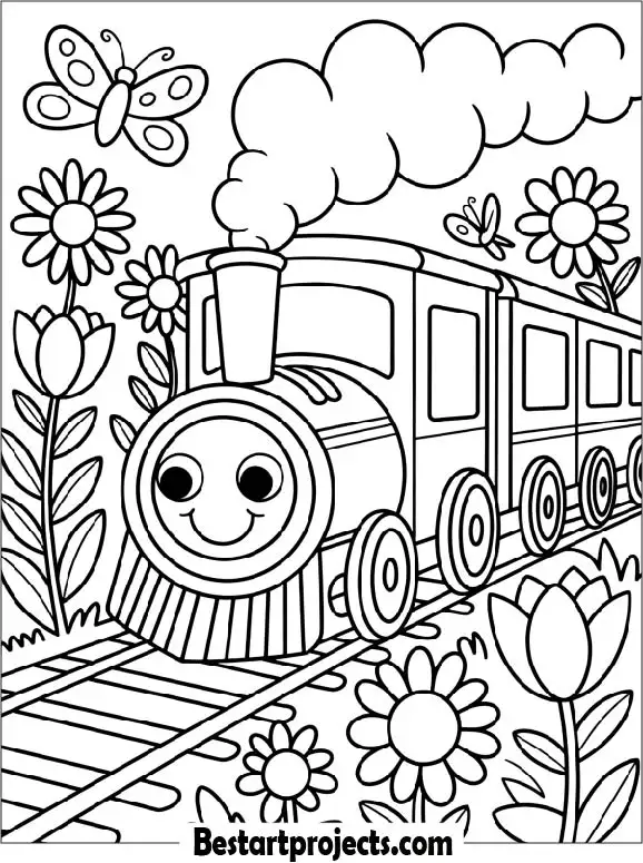 Train Driving Through a Flower Garden Coloring Sheet for Kids