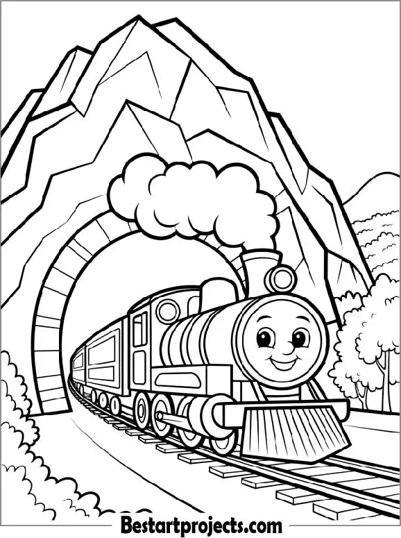 Train Emerging from a Mountain Tunnel Coloring Page