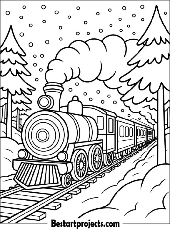 Train Passing Through a Snowy Forest Printable Coloring Page
