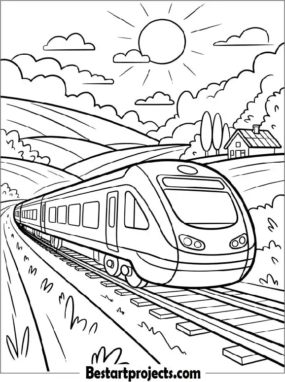 Train Traveling Through the Countryside Coloring Page