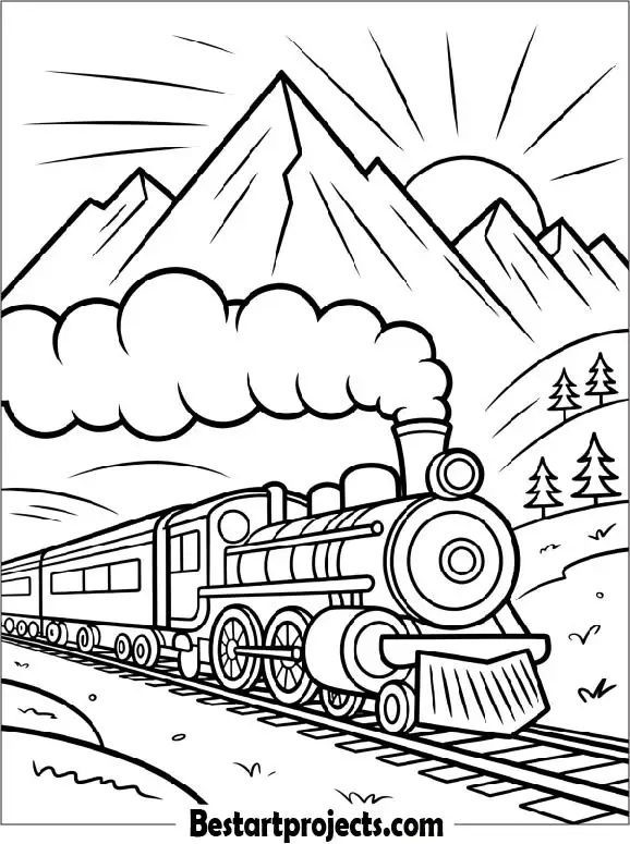 Train at Sunrise with Mountain Scenery to Color