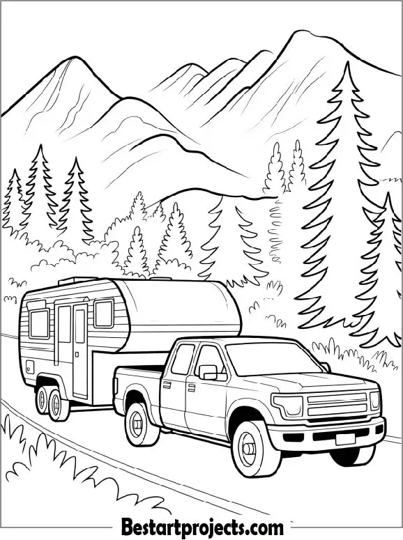 Truck with a Camper Trailer in the Mountains
