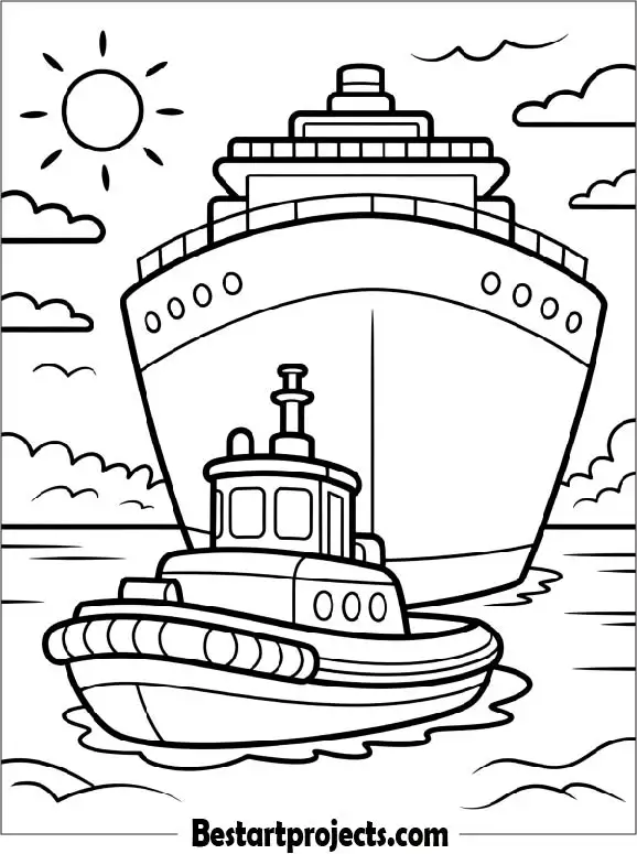 Tugboat Helping a Giant Ship Coloring Page