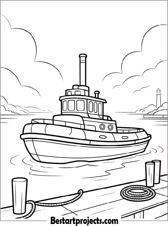 Tugboat at the Harbor Coloring Printable