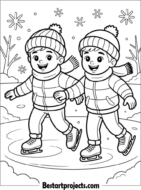 Two Boys Ice Skating Coloring Page