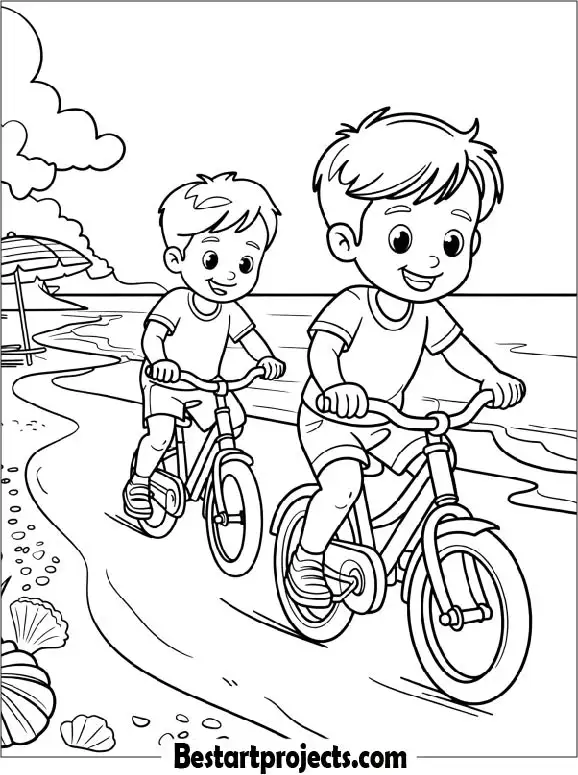 Two Boys Riding Bicycle Near the Beach in Summer