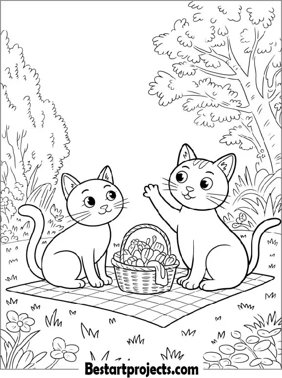 Two Cats on a Spring Picnic Coloring Page