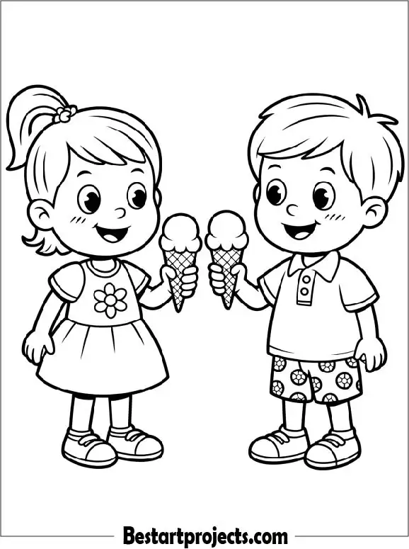 Two Kids Eating Ice Cream Coloring Sheet for Kids