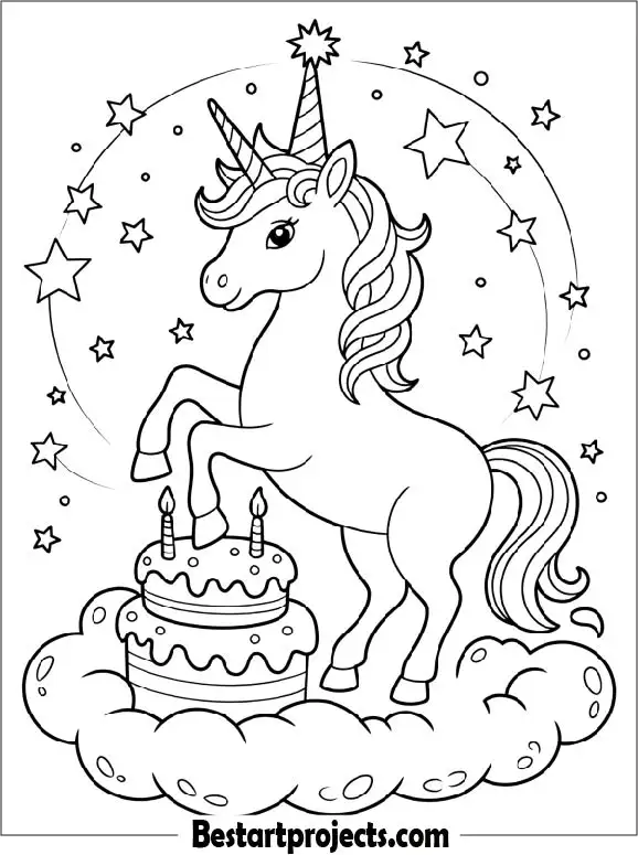 Unicorn Birthday Cake Coloring Page