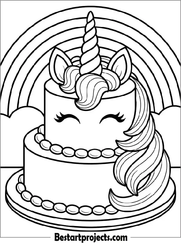 Unicorn Cake Coloring Page for Kids