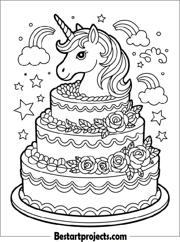 Unicorn Cake Coloring Page